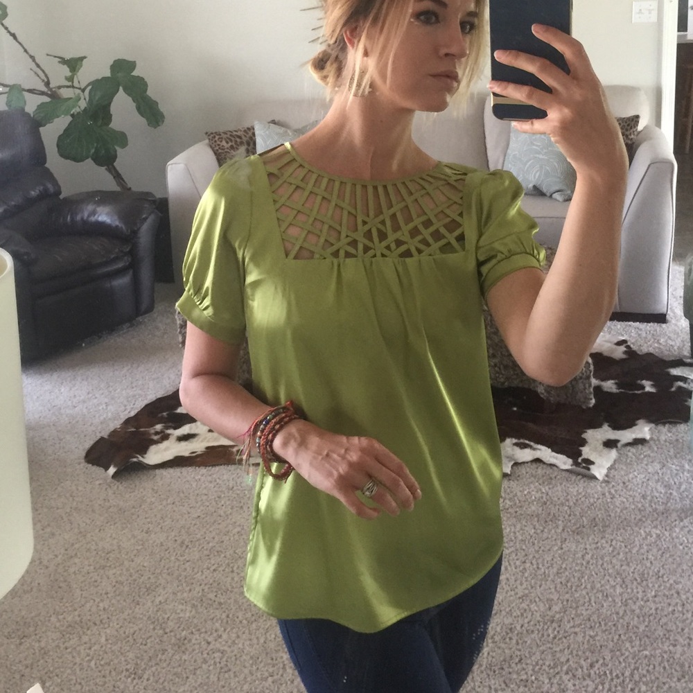 Lattice neckline chartreuse top